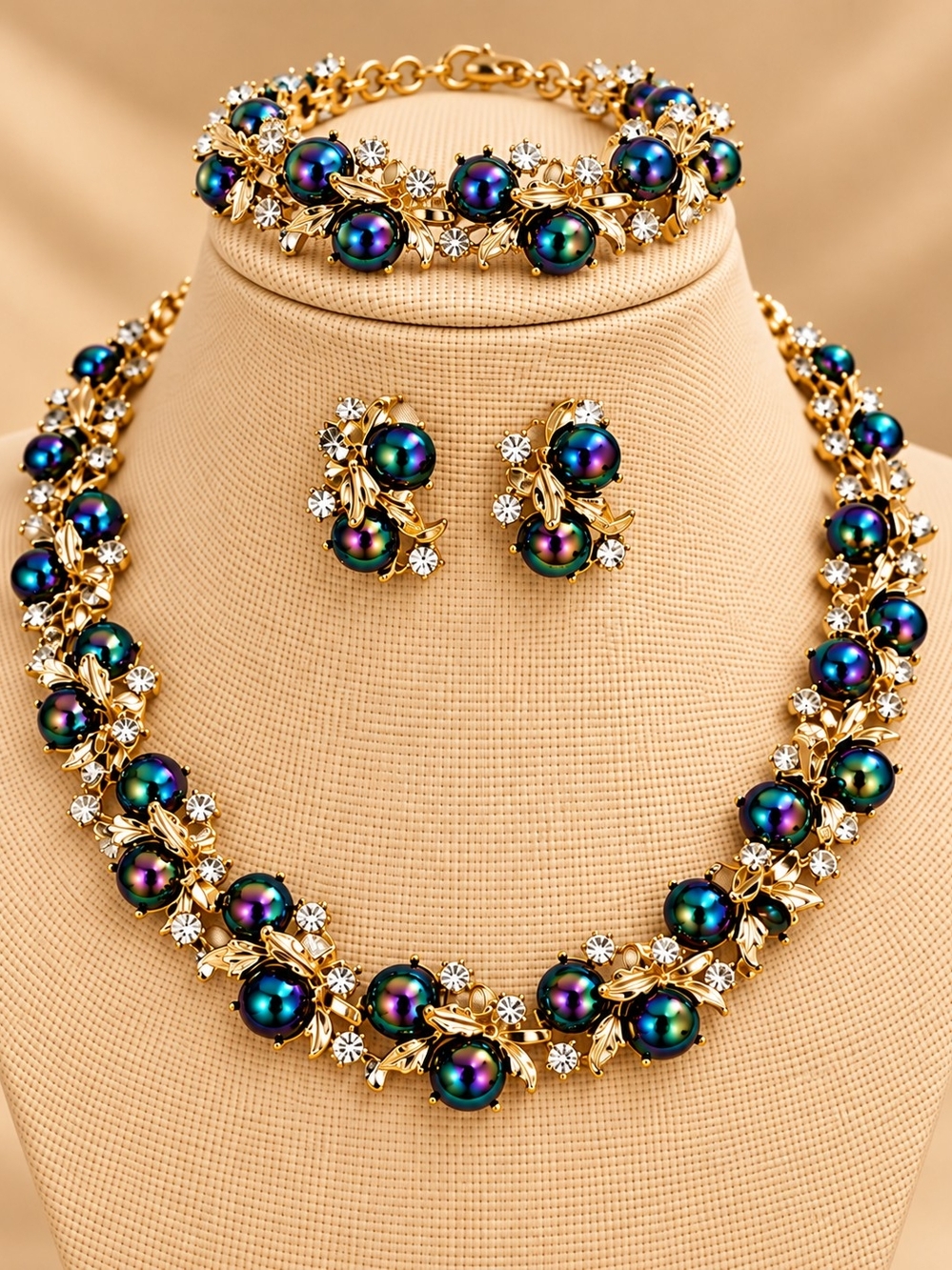 Gold Plated Multi-Color Pearl Necklace, Bracelet & Earring Set